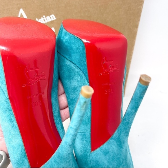 Christian Louboutin Troca 140 Genuine Suede Leather Peep Toe Heels Teel Sz 38.5 - Picture 8 of 9